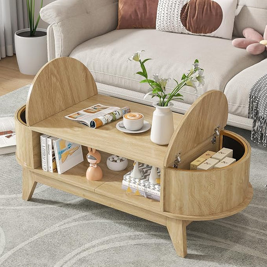 Coffee Table with 2 Hidden Storage,Mid Century Modern Coffee Table with Fluted Finish,Wood Center Tables Oval Coffee Tables with Flip-Top Lids for Living Room Home Office (Oak)