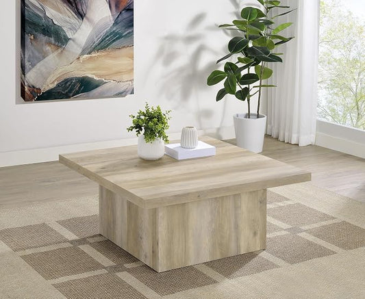 Coaster Home Furnishings - Devar - Wood - Square Coffee Table with Pedestal Base, Geometric Design and Transitional Style - Living Room - Distressed Pine - 710878