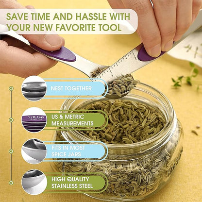 Spring Chef Purple Stainless Steel Magnetic Measuring Spoons Set of 8 with Leveler, Dual Sided Metal Teaspoon & Tablespoon Measuring Spoons, Kitchen Gadgets for Baking & Cooking, Fits in Spice Jars