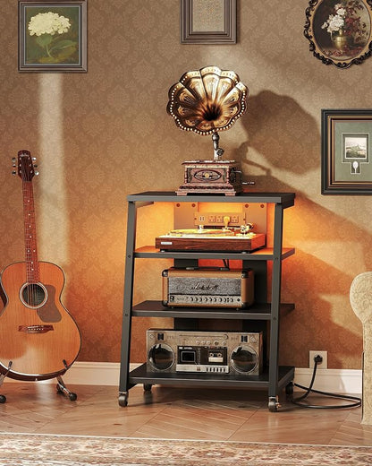 CHOEZON 4-Tier AV Media Stand with Wheels, Stereo Stands, Media Console Shelf with Power Strips, LED Lights, Wooden Audio Cabinet Rack Tower for Record Player/Apple TV/ps4, Black TCJ60UDBB