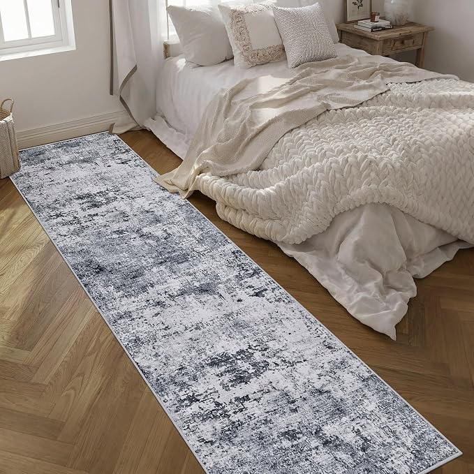 2.6'x14' Runner Rug Washable Rug: Modern Abstract Soft Thin Runner Rug Grey