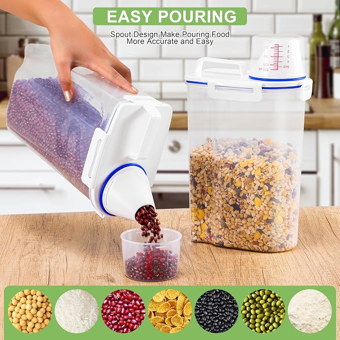 6 Pcs Set Rice Storage Container, Flour Dispenser with Pouring Spout & Measuring Cup, Kitchen Plastic Dry Food Storage Bin for Grain Oatmeal Snacks Pet Dog Food