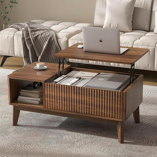 LYNCOHOME Fluted Lift Top Coffee Table with Storage, Modern Coffee Table for Living Room, Home Office（Walnut）