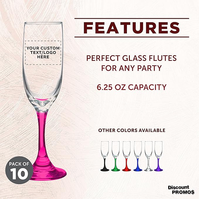 DISCOUNT PROMOS Custom Premiere Champagne Flutes 6.25 oz. Set of 10, Personalized Bulk Pack - Elegant Drinkware for Weddings, Events, & Promotional Gifts - Pink