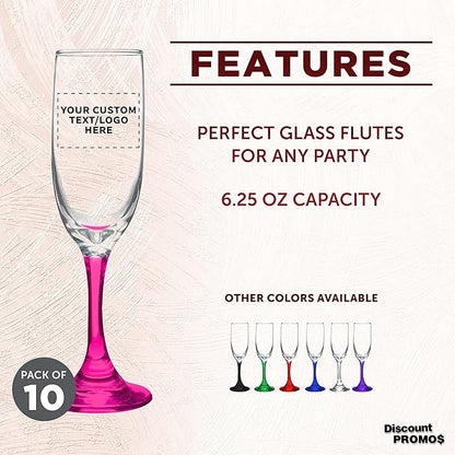 DISCOUNT PROMOS Custom Premiere Champagne Flutes 6.25 oz. Set of 10, Personalized Bulk Pack - Elegant Drinkware for Weddings, Events, & Promotional Gifts - Pink