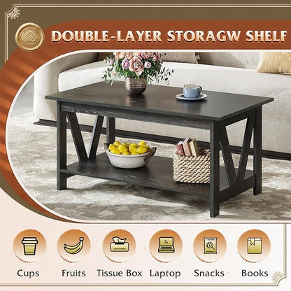 WLIVE Coffee Table with Storage Shelf, 39.4" Farmhouse Coffee Table with V-Frame Support, 2-Tier Wood Rustic Center Table for Living Room, Bedroom & Balcony, Charcoal Black