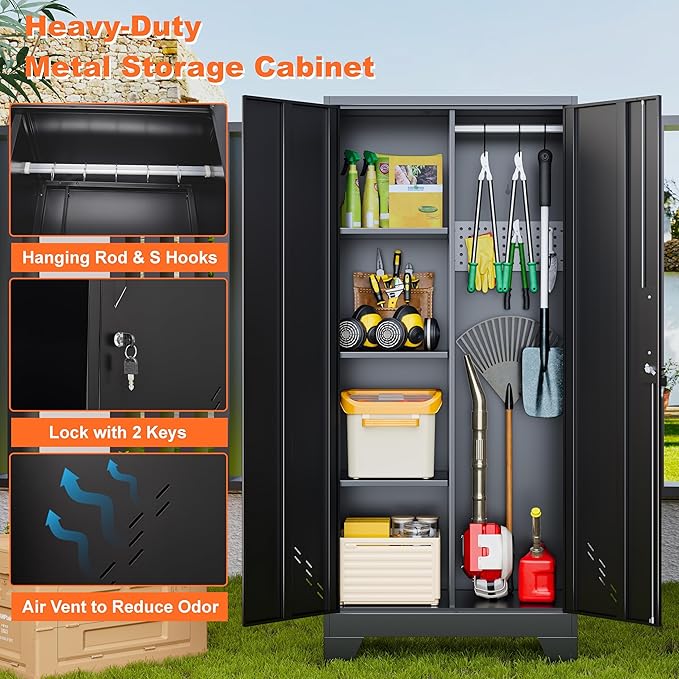 Storage Cabinet 61" H, Metal Tools Storage Cabinet with Lockable Doors and Shelves, Outdoor Storage Sheds with Removable Pegboard for Garage, Utility Room, Office