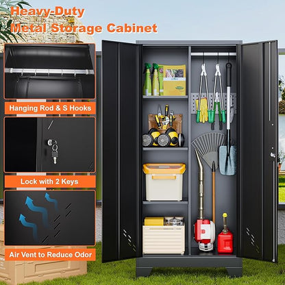 Storage Cabinet 61" H, Metal Tools Storage Cabinet with Lockable Doors and Shelves, Outdoor Storage Sheds with Removable Pegboard for Garage, Utility Room, Office