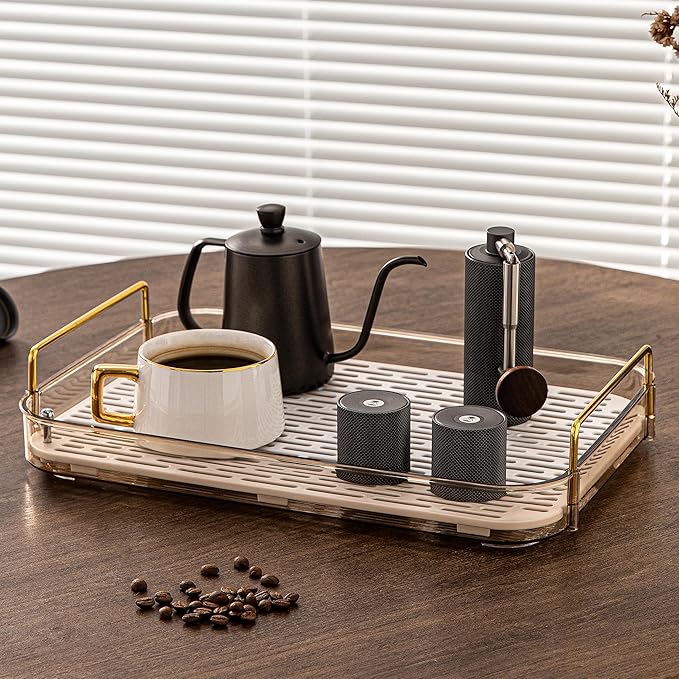 Coffee Bar Accessories, Station Organizers,Large Capacity Storage with Drain Board,Whisky Tray,Mug Tea Cup Holder Coffee Bar Organizer,Amber Gold