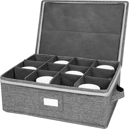 popoly Mug Storage Box with dividers, China Coffee Cup Storage Containers with Zipper Lid and Rivet Reinforced Handles, Holds 12 Coffee Mugs and Tea Cups, Structured Top and Stackable (Grey)
