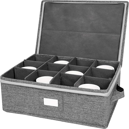 popoly Mug Storage Box with dividers, China Coffee Cup Storage Containers with Zipper Lid and Rivet Reinforced Handles, Holds 12 Coffee Mugs and Tea Cups, Structured Top and Stackable (Grey)