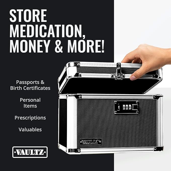 Vaultz Combination Lock Box - Pack of 2-10 x 7.25 x 7.75 Inch Standard Safe with Key and Combo Lock for Important Documents, Medicine & Money - BLACK