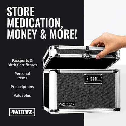 Vaultz Secure Security Lock Boxes - Safe Combination Lock Box, Storage for Documents, Valuables, Medicine & Money - 9.88 x 7.75 x 7 Inch - Black/Chrome