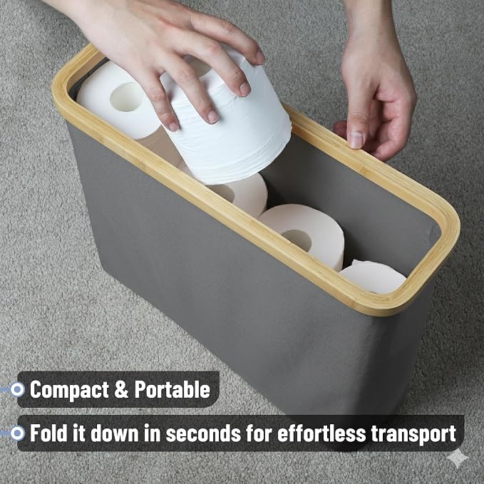 BAMBOO LAND- Toilet Paper Storage with Bamboo Lid for 12 Rolls, Gray, Waterproof Bamboo Toilet Paper Holder Basket