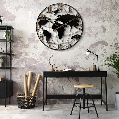 Mee 2ou Large Wall Clock - 24 Inch World Map Minimalist Modern Round Metal Wall Clock Silent Non-Ticking Battery Operated Wall Clocks for Living Room Kitchen Office Farmhouse Home Decor