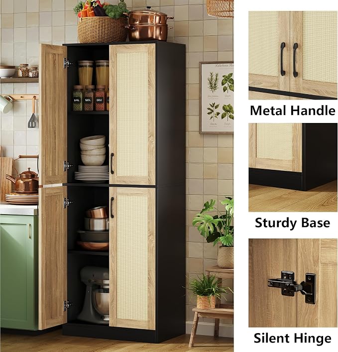 JASIWAY Kitchen Pantry Cabinet, 67" Tall Rattan Storage Cabinet with Doors and Adjustable Shelves, Wooden Linen Pantry Cupboard for Small Spaces Laundry Room Bathroom, Food Snack Towels Storage, Black