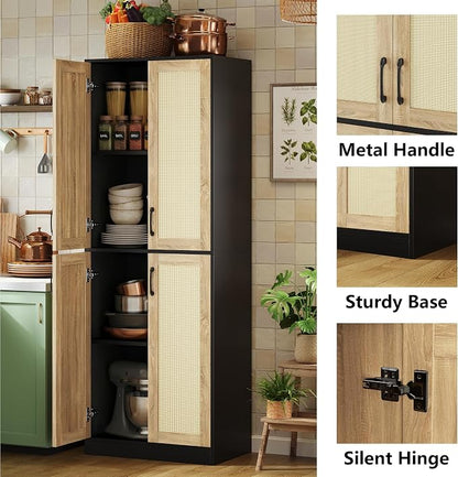 JASIWAY Kitchen Pantry Cabinet, 67" Tall Rattan Storage Cabinet with Doors and Adjustable Shelves, Wooden Linen Pantry Cupboard for Small Spaces Laundry Room Bathroom, Food Snack Towels Storage, Black