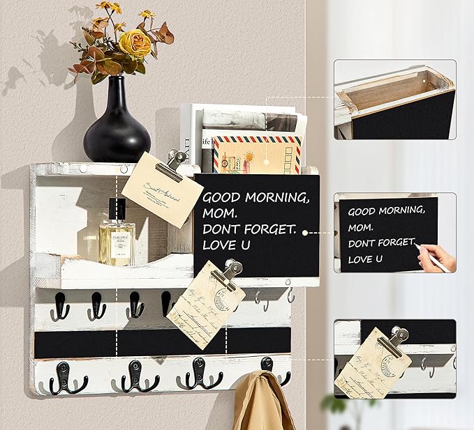 Key Holder for Wall Mount with Shelf and Mail Organizer, Key and Mail Holder with 16 Hooks, Farmhouse Entryway Organizer, Home Decor Rack (Pine Wood, White Washed)