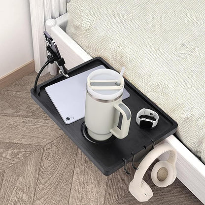 Bedside Shelf for Dorm Bed & Top Bunk, Bamboo Bed Side Table Tray with Cup Phone Holder & Hooks, Bedside Caddy, Clip on Nightstand Bedside Storage College Dorm Room Essentials (Black)