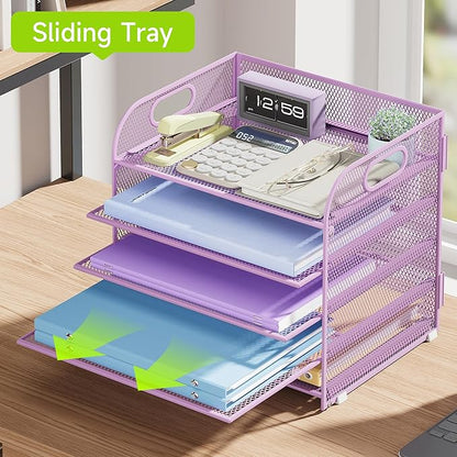 5 Tier Paper Organizer with Handle, Metal Mesh Desk Organizer File Folder Paper Letter Tray Desktop Document Sorter for Classroom, School, Office Accessories Organization and Storage - Purple
