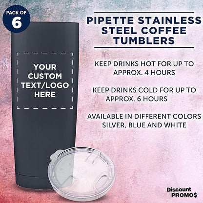 Custom Pipette Stainless Steel Coffee Tumblers 20 oz. Set of 6, Personalized Bulk Pack - Double Wall, Perfect for Coffee, Hot Cocoa, Other Hot & Cold Beverages - Charcoal