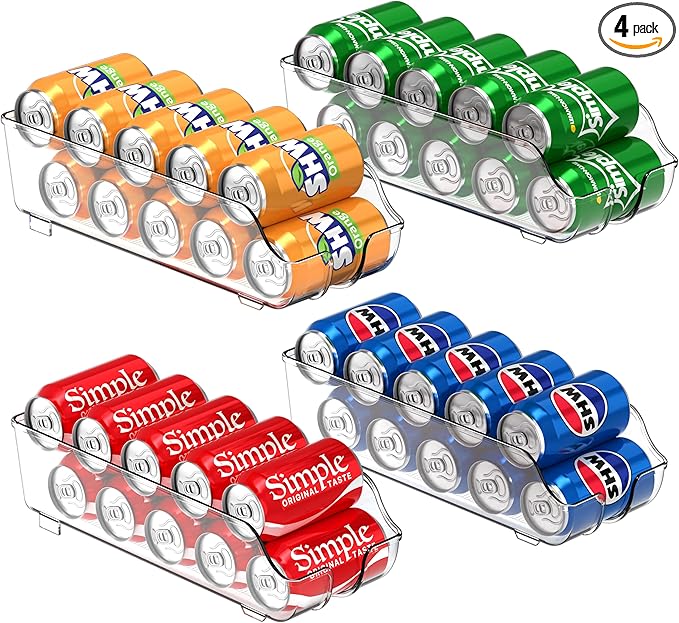 Simple Houseware Soda Can Organizer and Dispenser for Refrigerator / Pantry, Clear, Set of 4
