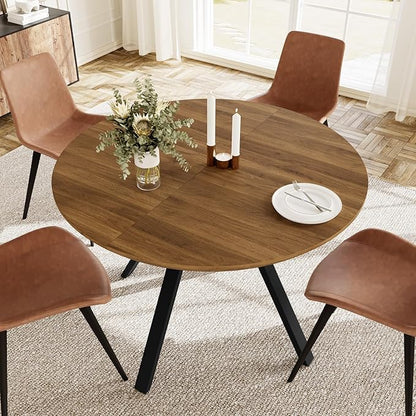 Extendable Round Dining Table Set for 4-6 People, 43.3"-59.1" Extendable Kitchen Table with 4 Upholstered Chairs, Space Saving for Kitchen Dining Room (Walnut Table+4 Brown Chairs)