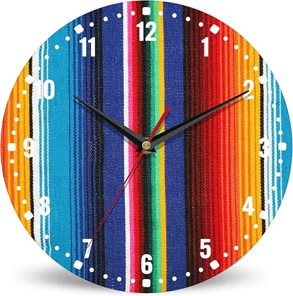 SPUNKER Wall Clocks,Colorful Mexican Wall Clocks for Living Room Decor,Stripes Lines Art Kitchen Clocks Wall Battery Operated - 10 Inch Round Bathroom Wall Clock Silent Non-Ticking