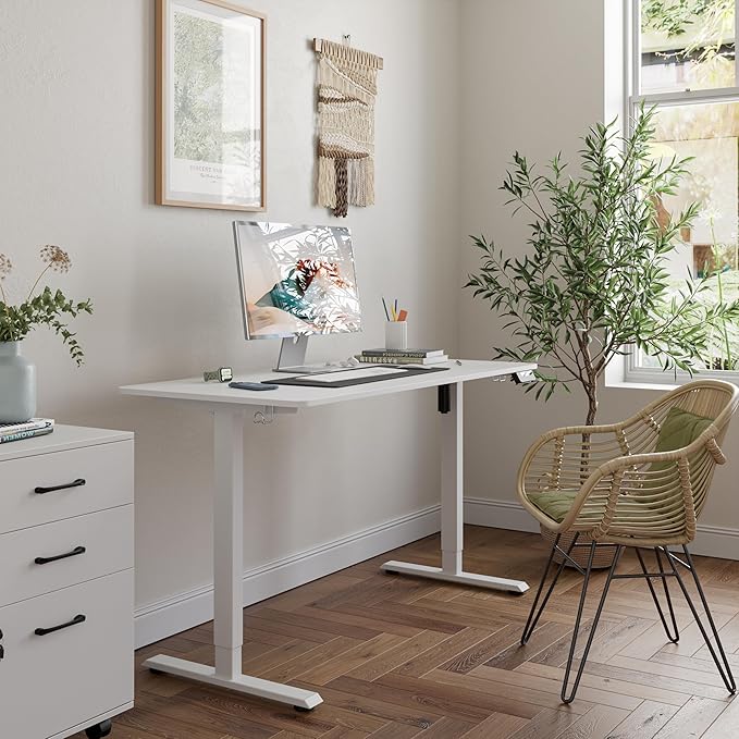FEZIBO One-Piece Standing Desk Adjustable Height Stand up Home Office Desk, 55x24 Inch Electric Standing Computer Desk, with 4 Memory Presets, Headphone Hook, White