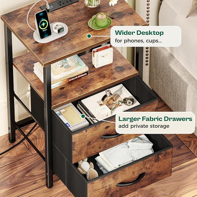 Huuger Night Stand with Charger Station and LED Lights, 2 Drawer Nightstand, Bed Side Table with Open Shelf, End Table, Fabric Dresser for Bedroom, Rustic Brown