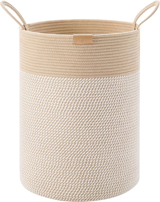 80L Extra Large Boho Laundry Hamper Basket, Tall Woven Hamper for Bedroom, Cotton Rope Laundry Basket for Clothes, 16x22 Inches, Brown