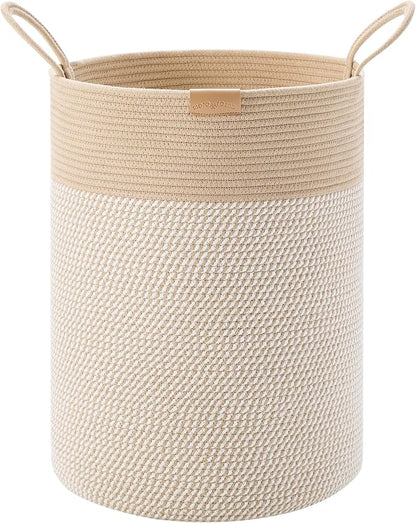 80L Extra Large Boho Laundry Hamper Basket, Tall Woven Hamper for Bedroom, Cotton Rope Laundry Basket for Clothes, 16x22 Inches, Brown