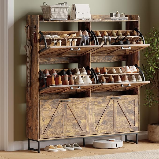 Shoe Cabinet with 6 Flip Drawers, Freestanding Hidden Shoe Storage Organizer for Entryway, Narrow Slim Shoe Rack Cabinet with Open Storage & Hooks for Front Door Entrance, Living Room, Hallway, Brown