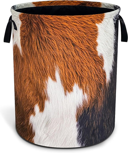 Brown Cow Print Laundry Basket Funny Skin Hair Foldable Waterproof Oxford Cloth Tote Bag Laundry Hamper Large Clothes Storage Bucket Toy Organizer For Bathroom/Laundry Storage/Bedroom 18.9x16.5 Inch