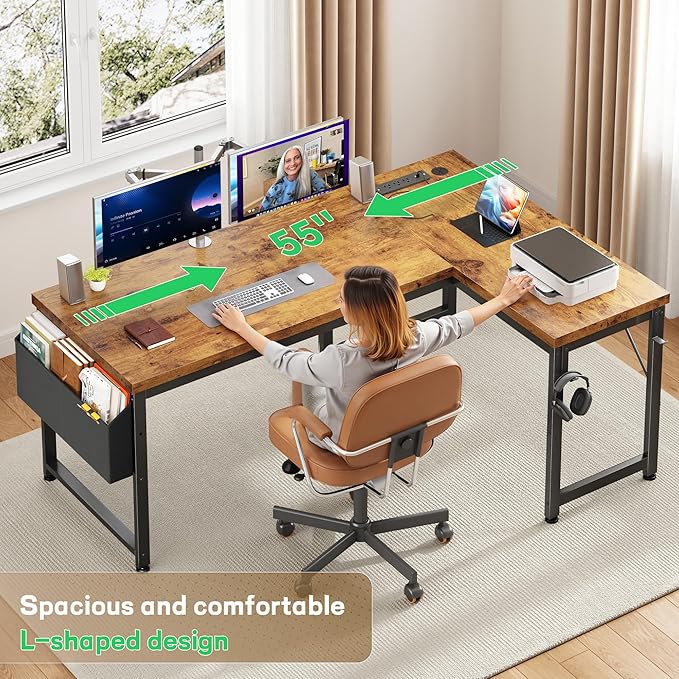 L Shaped Desk with 0.95 Inch Thicker Desktop & Storage Bag, Computer Desk with Power Outlets & Lights, Reversible Gaming Desk for Home Office, Corner Desk, Study Room, Living, Bedroom, Brown