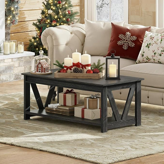 WLIVE Coffee Table, 43" Farmhouse Coffee Table with Storage Shelf & Sturdy V-Shaped Support, Wood Center Table for Living Room, Bedroom, Office and Balcony, Black