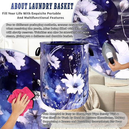 Blue Daisy Flower Laundry Basket Foldable Oxford Cloth Watercolor Floral Laundry Hamper With Handle Portable Clothes Storage Organizer Basket 18.9"x16.5" Storage Bag For Laundry Room/Bathroom/Bedroom