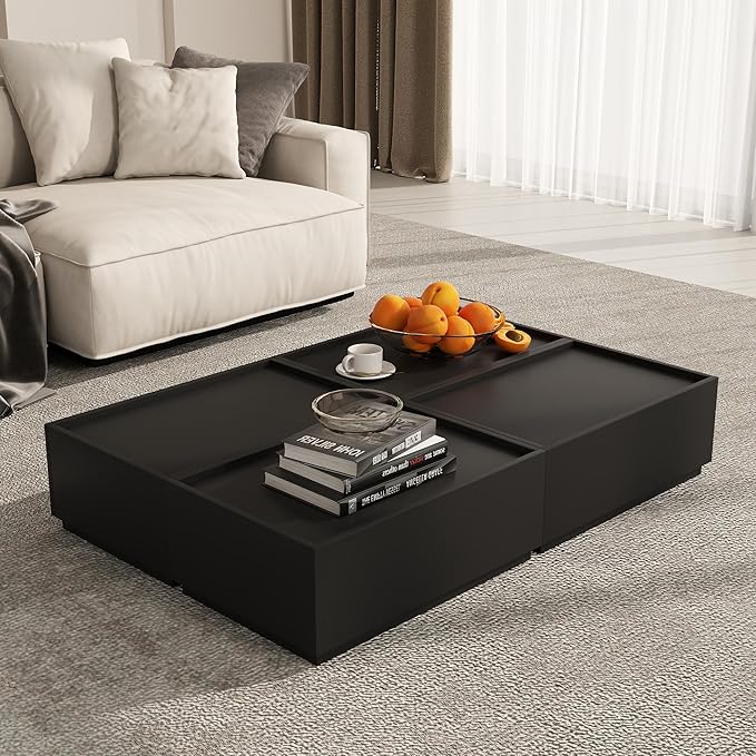 Coffee Table with Storage,Modern Center Table with 4 Hidden Drawers for Living Room,Rectangle Coffee Table for Home Furniture,Bedroom,Black