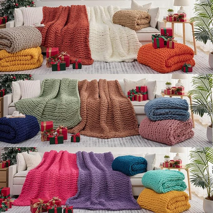 L'AGRATY Chunky Knit Blanket Throw: 60''x80'' Chenille Chunky Knitted Throw Blankets for Twin Bed Couch - Handmade Thick Cable Knit Blanket - Large Crochet Rope Blankets for Home Decor(Grey)