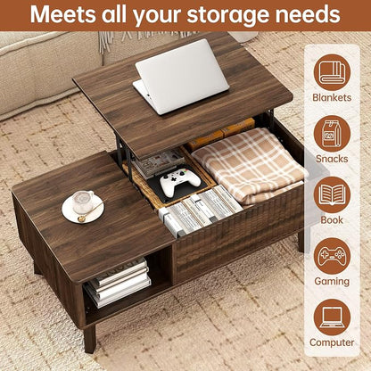 Fluted Lift Top Coffee Table with Storage Shelf and Hidden Compartment, Mid Century Modern Wooden Center Table for Living Room, Home Office, Walnut
