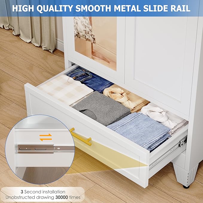 Steel Armoire Wardrobe Closet with Mirror Doors, 71" Household Wardrobe Cabinet with Hanging Rod and Drawer, Metal Clothing Storage Cabinet with Adjustable Shelf for Bedroom, Cloak, Gym(White)