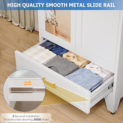 Steel Armoire Wardrobe Closet with Mirror Doors, 71" Household Wardrobe Cabinet with Hanging Rod and Drawer, Metal Clothing Storage Cabinet with Adjustable Shelf for Bedroom, Cloak, Gym(White)
