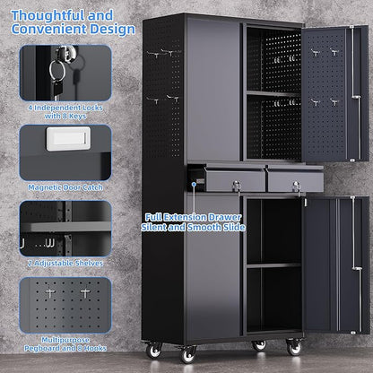 Metal Garage Storage Cabinet with 2 Drawers and 2 Adjustable Shelves, Rolling Tool Storage Cabinet with Wheels and Locking Doors for Garage, Warehouse, Assembly Required, Black and Dark Gray