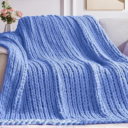 Negwoo Chunky Knit Throw Blanket, 40''*50'' Knitted Throw Chenille Yarn for Bed Couch, Handmade Light Blue Crochet Big Thick Blanket, Machine Washable Cute Comfy Blanket for Home Decor