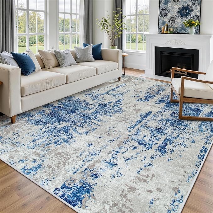 8x10 Area Rugs for Living Room Rug Washable: Abstract Large Rug for Dining Room Bedroom Carpet Non Slip 8 by 10 Indoor Modern Nursery Home Office Blue Grey White