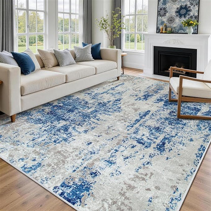 8x10 Area Rugs for Living Room Rug Washable: Abstract Large Rug for Dining Room Bedroom Carpet Non Slip 8 by 10 Indoor Modern Nursery Home Office Blue Grey White