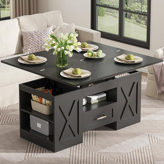 kepptory 39.4'' Lift Top Coffee Table with Storage, 4 in 1 Multi-Function Convertible Coffee Tables for Living Room, Farmhouse Coffee Table with Open Storage Compartment & Drawers (Black)