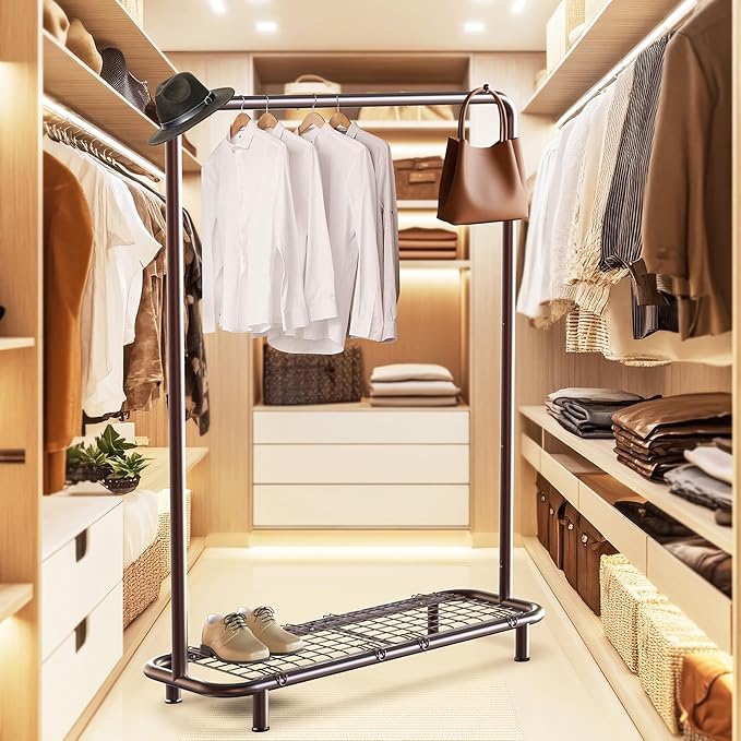 Simple Houseware Clothing Rack with Industrial Pipe and Bottom Shelves, Bronze