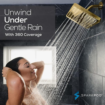 SparkPod Rain Shower Head, 8 Inch Square | High Pressure Shower Heads, 90 Nozzle (Touch-to-Clean), Adjustable Showerhead, No-tool Universal Connection