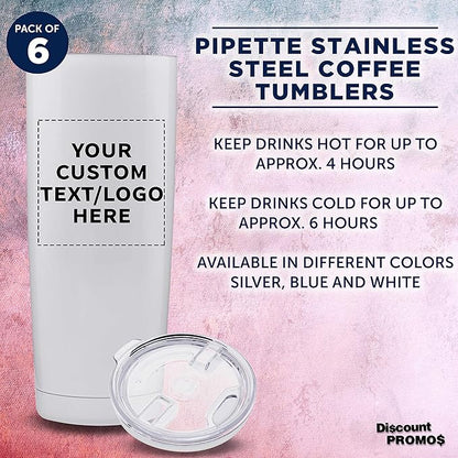Custom Pipette Stainless Steel Coffee Tumblers 20 oz. Set of 6, Personalized Bulk Pack - Double Wall, Perfect for Coffee, Hot Cocoa, Other Hot & Cold Beverages - White